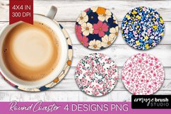 Retro Flowers Round Coaster - Floral Coaster PNG Sublimation Product Image 1