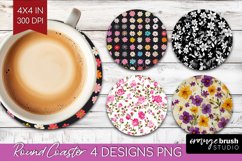 Retro Flowers Round Coaster - Floral Coaster PNG Sublimation Product Image 1