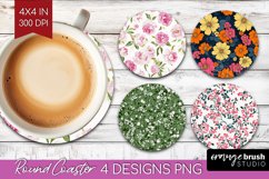 Retro Flowers Round Coaster - Floral Coaster PNG Sublimation Product Image 1