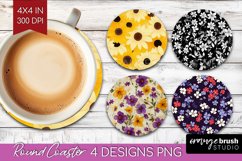 Retro Flowers Round Coaster - Floral Coaster PNG Sublimation Product Image 1