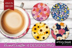 Retro Flowers Round Coaster - Floral Coaster PNG Sublimation Product Image 1