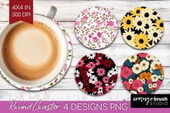 Retro Flowers Round Coaster - Floral Coaster PNG Sublimation Product Image 1