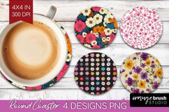 Retro Flowers Round Coaster - Floral Coaster PNG Sublimation Product Image 1