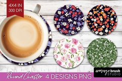 Retro Flowers Round Coaster - Floral Coaster PNG Sublimation Product Image 1