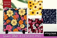 Retro Flowers Slate PNG - Floral Square Slate Sublimation Product Image 1