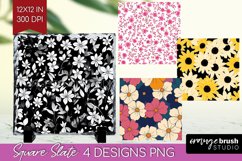 Retro Flowers Slate PNG - Floral Square Slate Sublimation Product Image 1