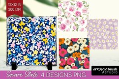 Retro Flowers Slate PNG - Floral Square Slate Sublimation Product Image 1