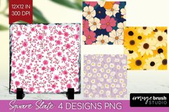 Retro Flowers Slate PNG - Floral Square Slate Sublimation Product Image 1