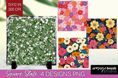 Retro Flowers Slate PNG - Floral Square Slate Sublimation Product Image 1