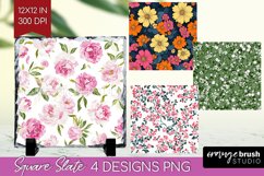 Retro Flowers Slate PNG - Floral Square Slate Sublimation Product Image 1