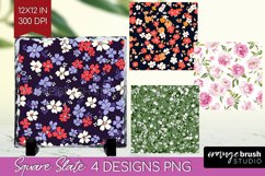Retro Flowers Slate PNG - Floral Square Slate Sublimation Product Image 1