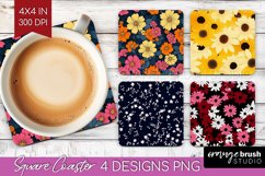 Retro Flowers Square Coaster - Floral Coaster PNG Product Image 1