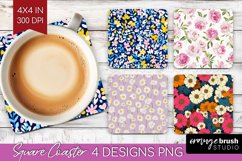 Retro Flowers Square Coaster - Floral Coaster PNG Product Image 1