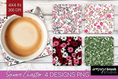 Retro Flowers Square Coaster - Floral Coaster PNG Product Image 1
