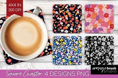 Retro Flowers Square Coaster - Floral Coaster PNG Product Image 1