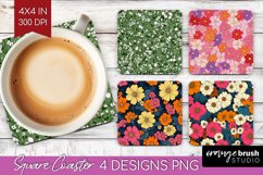 Retro Flowers Square Coaster - Floral Coaster PNG Product Image 1