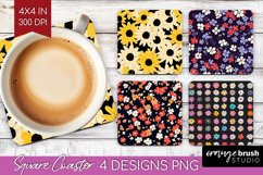 Retro Flowers Square Coaster - Floral Coaster PNG Product Image 1