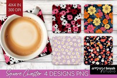Retro Flowers Square Coaster - Floral Coaster PNG Product Image 1