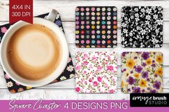 Retro Flowers Square Coaster - Floral Coaster PNG Product Image 1