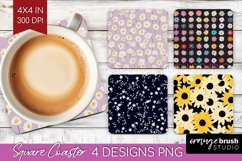 Retro Flowers Square Coaster - Floral Coaster PNG Product Image 1