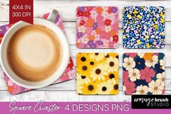 Retro Flowers Square Coaster - Floral Coaster PNG Product Image 1