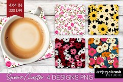 Retro Flowers Square Coaster - Floral Coaster PNG Product Image 1