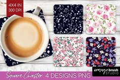 Retro Flowers Square Coaster - Floral Coaster PNG Product Image 1