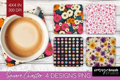 Retro Flowers Square Coaster - Floral Coaster PNG Product Image 1