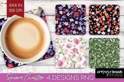 Retro Flowers Square Coaster - Floral Coaster PNG Product Image 1