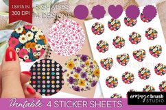 Retro Flowers Round Sticker - Floral Printable Sticker Sheet Product Image 1