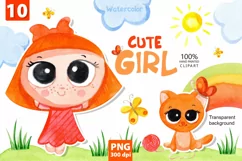 Watercolor cute girls with a kitten png Product Image 1