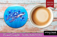 Sea Turtle Floral Round Coaster Sea Blue Coaster PNG Product Image 1