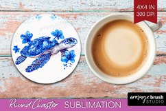 Sea Turtle Floral Round Coaster Blue Flowers Coaster PNG Product Image 1