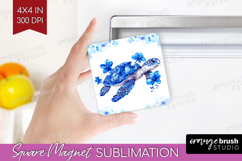 Sea Turtle Floral Magnet Sublimation Blue Flowers Square PNG Product Image 1