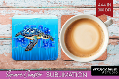 Sea Turtle Floral Square Coaster Sea Blue Coaster PNG Product Image 1