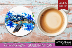 Sea Turtle Floral Round Coaster Blue Flowers Coaster PNG Product Image 1