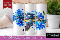 Sea Turtle Floral Tumbler Wrap Blue Flowers Tumbler PNG Product Image 1