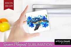 Sea Turtle Floral Magnet Sublimation Blue Flowers Square PNG Product Image 1