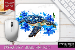Sea Turtle Floral Mouse Pad Sublimation Blue Flowers PNG Product Image 1