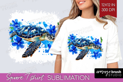 Sea Turtle Floral Square Tshirt Background Blue Flowers PNG Product Image 1