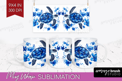 Sea Turtle Floral Mug Wrap Blue Flowers Mug PNG Sublimation Product Image 1