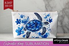 Sea Turtle Floral Cosmetic Bag Blue Flowers Makeup Bag PNG Product Image 1