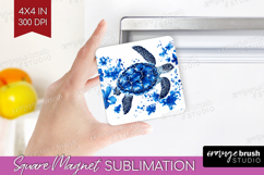 Sea Turtle Floral Magnet Sublimation Blue Flowers Square PNG Product Image 1