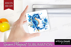 Seahorse Floral Magnet Sublimation Blue Flowers Square PNG Product Image 1