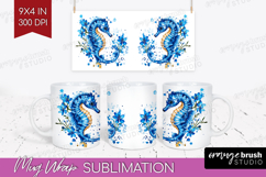 Seahorse Floral Mug Wrap Blue Flowers Mug PNG Sublimation Product Image 1