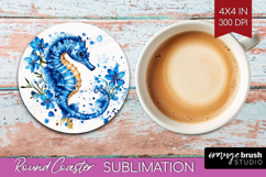 Seahorse Floral Round Coaster Blue Flowers Coaster PNG Product Image 1