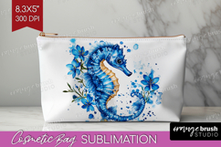 Seahorse Floral Cosmetic Bag Blue Flowers Makeup Bag PNG Product Image 1