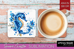 Seahorse Floral Square Coaster Blue Flowers Coaster PNG Product Image 1