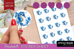 Seahorse Floral Round Sticker Blue Flowers Printable Sticker Product Image 1