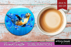 Seal Floral Round Coaster Sea Blue Coaster PNG Sublimation Product Image 1